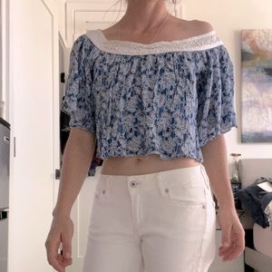 Millau Crop Flowy Off the shoulder Blue & White lace top Small